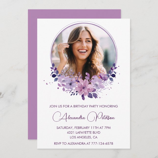 Chic Photo 37e anniversaire invitation Floral Purp (Devant / Derrière)