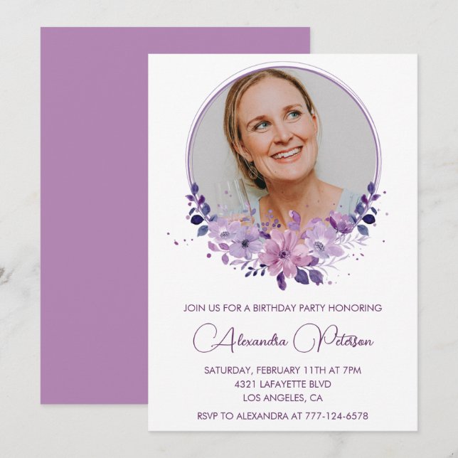 Chic Photo 51e anniversaire invitation Floral Purp (Devant / Derrière)