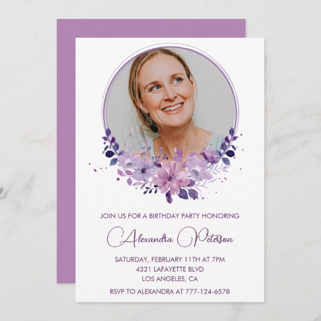 Chic Photo 69e anniversaire invitation Floral Purp (Devant / Derrière)
