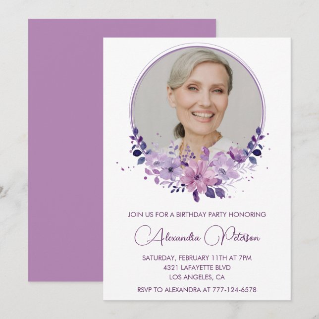 Chic Photo 71e anniversaire invitation Floral Purp (Devant / Derrière)