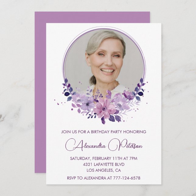 Chic Photo 77e anniversaire invitation Floral Purp (Devant / Derrière)