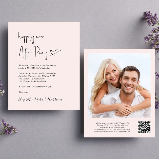 Chic Photo QR Code Mariage Réception Invitation (An chic Happily Ever After Party all-in-one invitation for your wedding celebration)