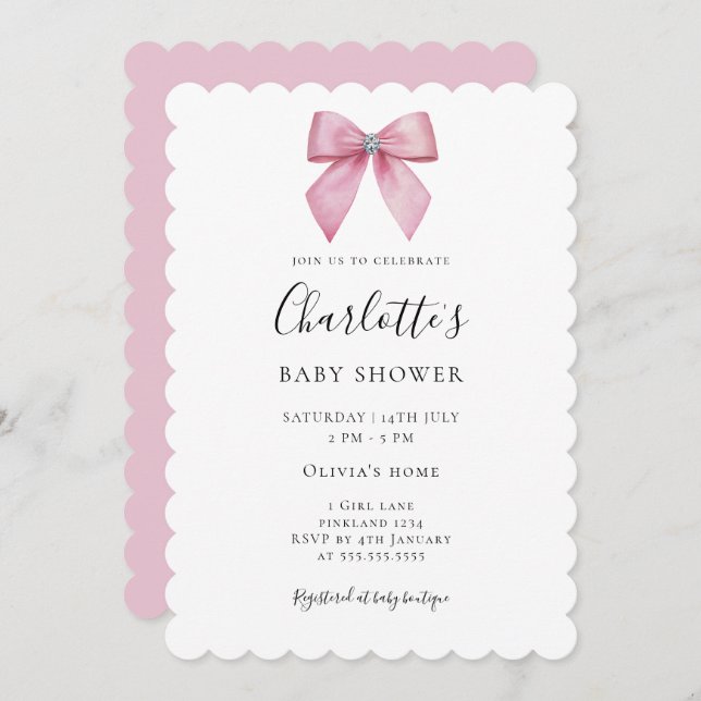 Chic Pink Bow Girl Baby Shower Invitation (Devant / Derrière)