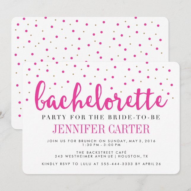 Chic Pink Gold Dots Bachelorette Party Invitation (Devant / Derrière)