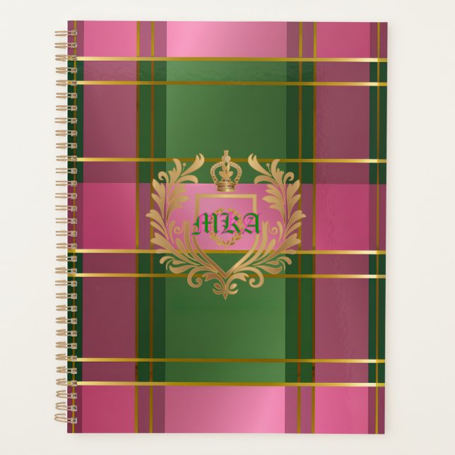 Chic Pink Green Plaid Monogram Personal Planner (Devant)