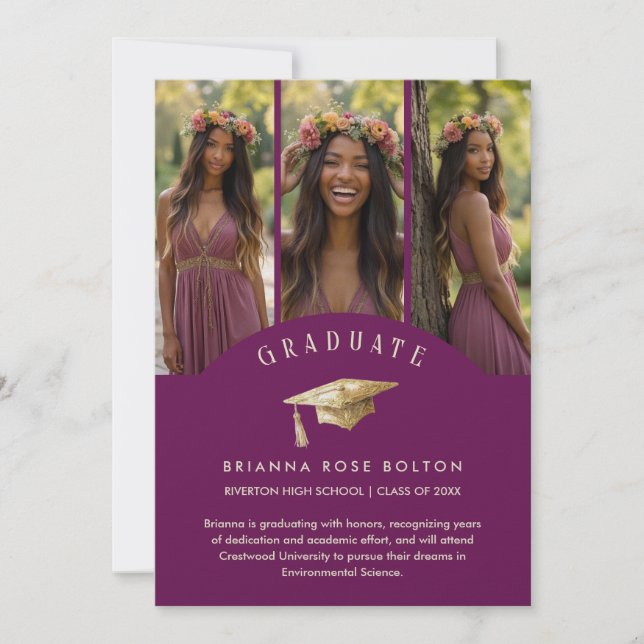 Chic Plum Graduate Collage 3-Photo Graduation Cap (Devant)