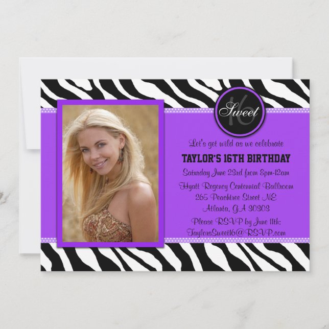 Chic Purple and Black Zebra Imprimer Invitation ph (Devant)