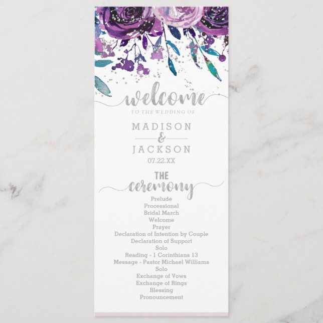 Chic Purple Floral & Silver Wedding Programme (Devant)