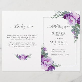 Chic Purple Silver Floral Programme de mariage pli