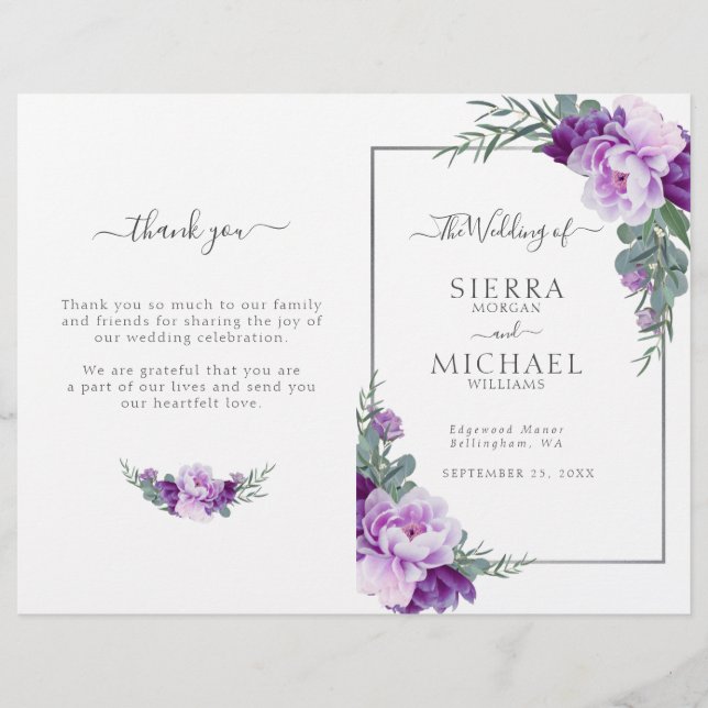 Chic Purple Silver Floral Programme de mariage pli (Devant)