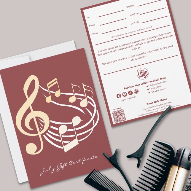 Chic QR Code Services Note Juillet Certificat Cade (Chic QR Code Services Note July Gift Certificate, Musical Swirl, Festival Hair Styles)