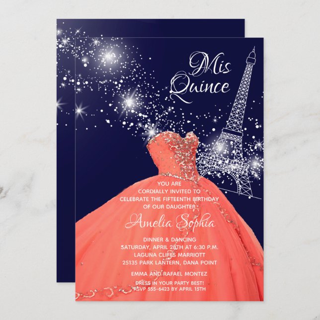Chic Quinceañera Coral Gown Tour Eiffel Invitation (Devant / Derrière)