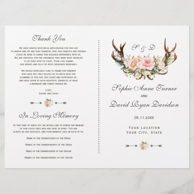 Chic Rose Blush Floral Antlers Programme de mariag (Devant)