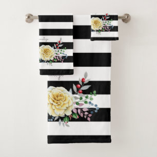 Chic Rose Floral tendance rayures noires et nom