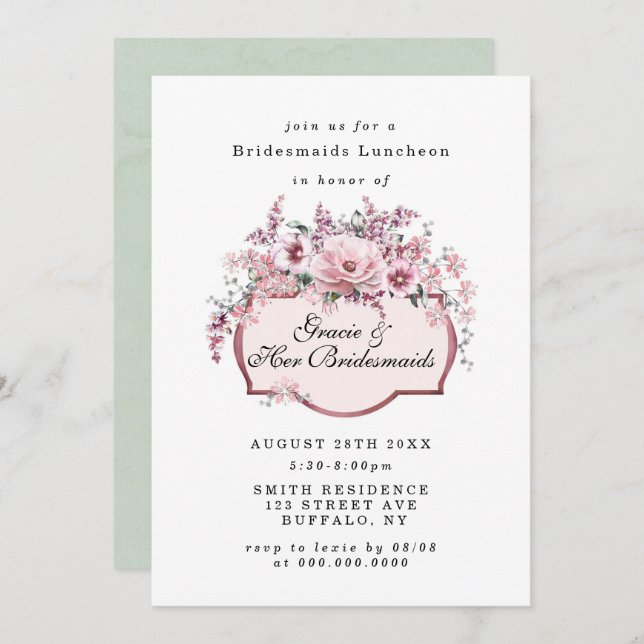 Chic Rose Gold Floral Bridesmaids Luncheon Invitat (Devant / Derrière)