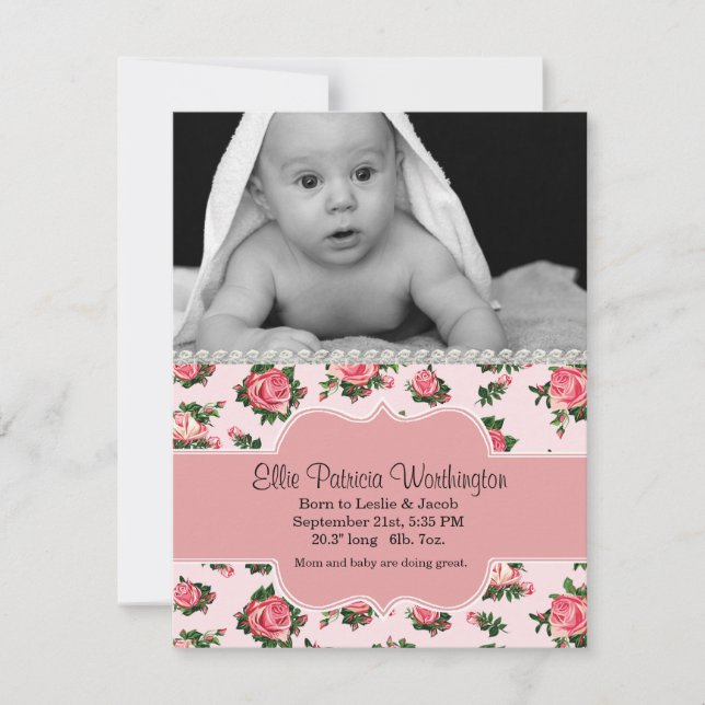 Chic rose Roses Baby Girl Faire-part de naissance (Devant)