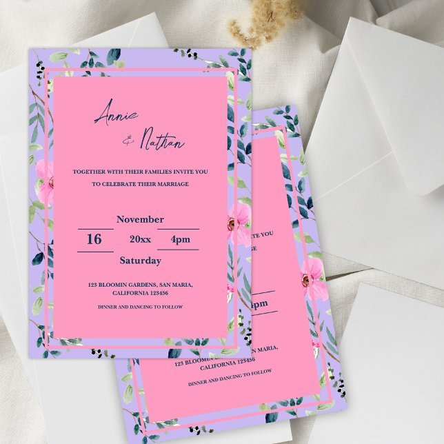 Chic rose violet Faire-part de mariage de cadre Fl (Chic Pink Purple Floral Frame Wedding Invitation)