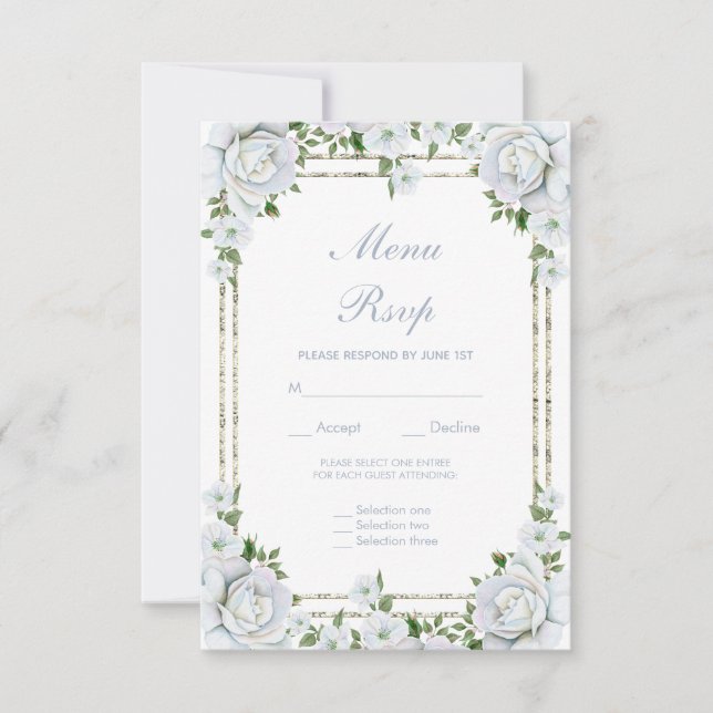 Chic Roses & Bordure Argentée Florale Menu RSVP (Devant)