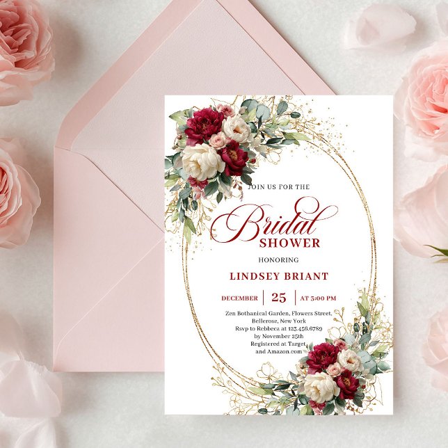 Chic Roses Bourguignon et Blanc Invitation de Fête (Chic Burgundy and White Roses Gold Bridal Shower Invite)
