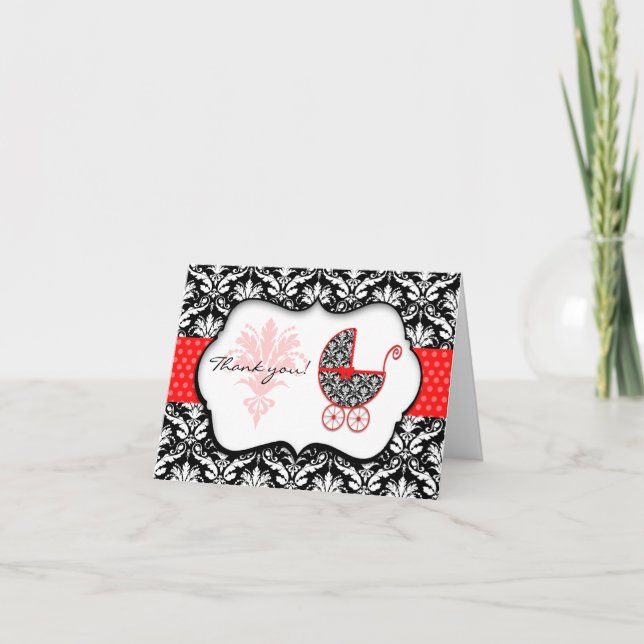 Chic Rouge Polka Dot Damask Baby shower Merci (Devant)