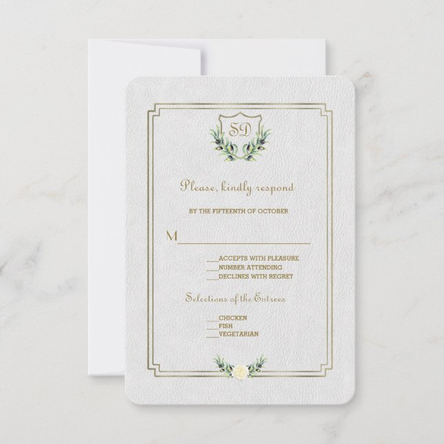 Chic Royal Gold Crest Lush Greenery Wedding RSVP (Devant)
