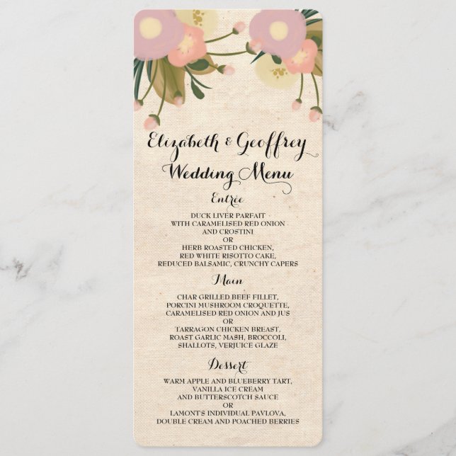 Chic Rustique Aquarelle Floral Canvas Menu Mariage (Devant)