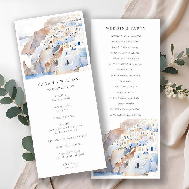 Chic Santorini Grèce Watercolor Wedding Programme (Créateur téléchargé)