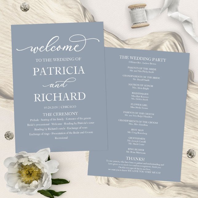 Chic Script Dusty Blue Mariage programme de cérémo (Créateur téléchargé)