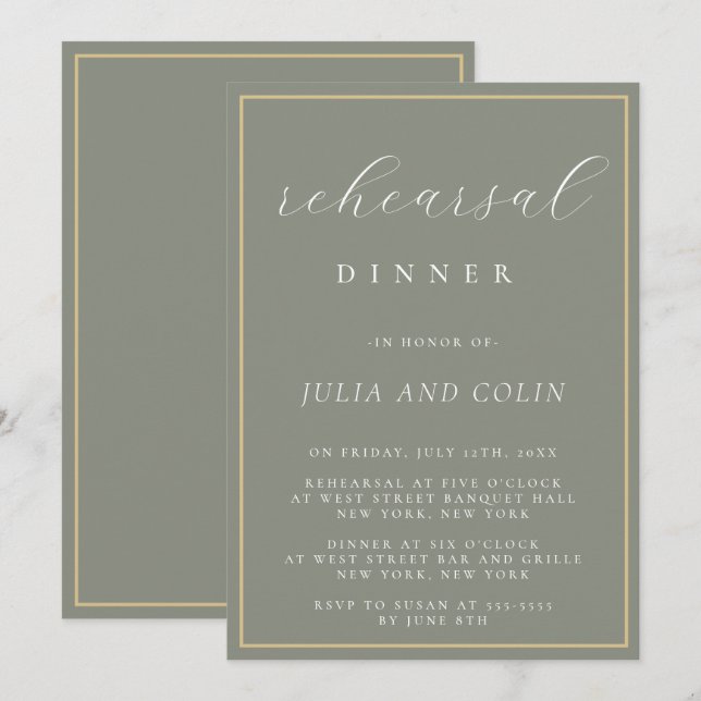 Chic Script Sage Green Rehearer Dîner Invitation (Devant / Derrière)