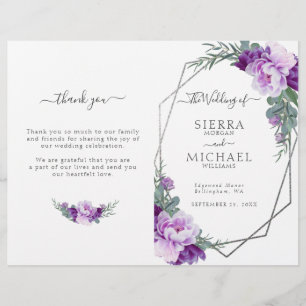 Chic Silver Purple Floral Programme de mariage pli