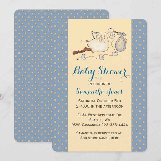 Chic Stork Baby Boy Douche Invitation (Devant / Derrière)
