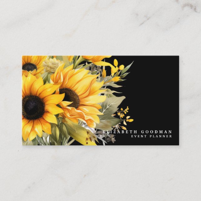 Chic tournesol jaune Cartes de visite noirs (Devant)