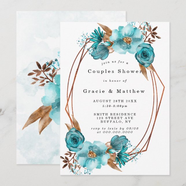 Chic Turquoise Gold Frame Couples Invitations de d (Devant / Derrière)
