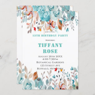Chic Turquoise Peony 13e anniversaire Invitations