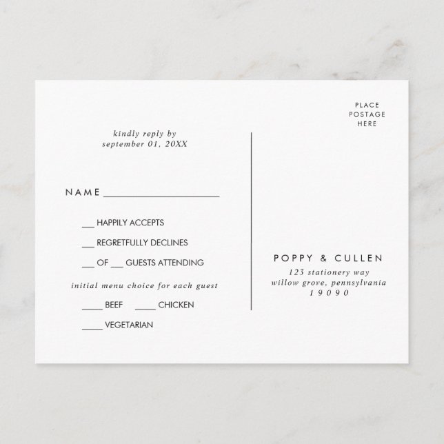 Chic Typographie Menu Choix Carte Postale RSVP (Dos)