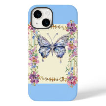 Chic Vintage papillon floral iPhone 14 Coque bleu