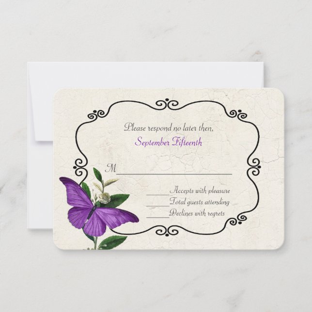 Chic Vintage Papillons Violet Mariage Carte RSVP (Devant)