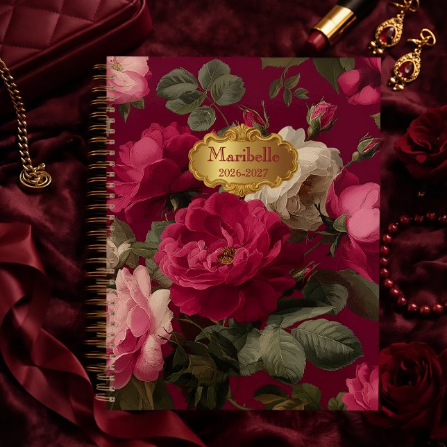 Chic Vintage Rose Rouge Floral Monogrammé (Chic Vintage Romantic Rose Red Monogrammed Planner )