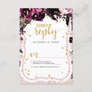 Chic violet Floral & Or Mariage Réponse RSVP
