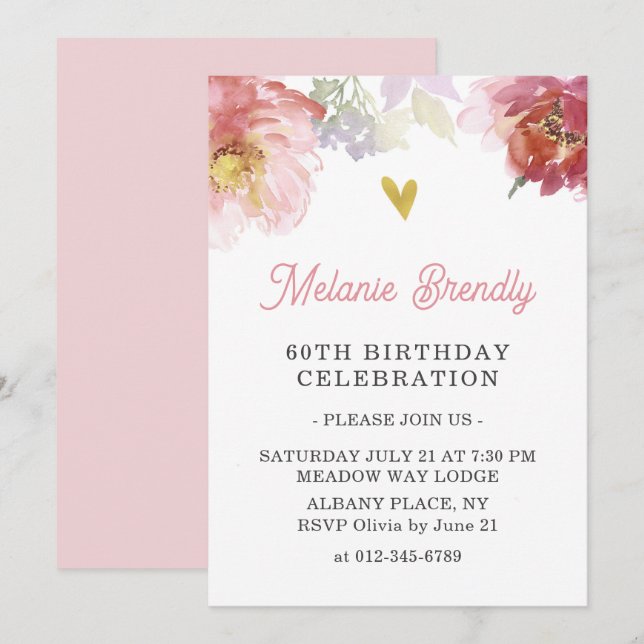 Chic Watercolor Floral 60e anniversaire Invitation (Devant / Derrière)