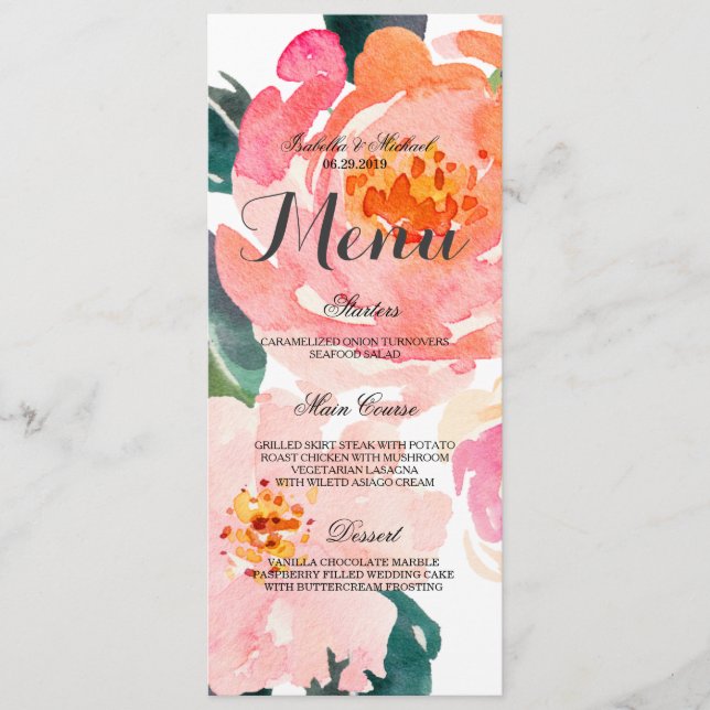 Chic Watercolor Floral Menu Mariage (Devant)