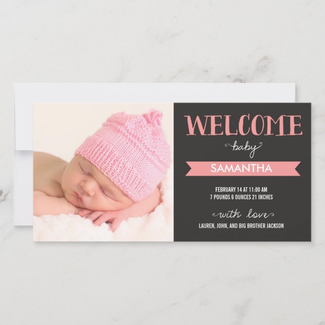 Chic Welcome Baby Girl Faire-part de naissance (Devant)