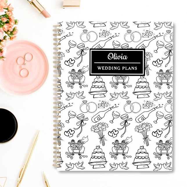 Chic Whimsical noir & blanc Mariage personnalisé (Chic black and white personalized wedding planner with customizable covers. )