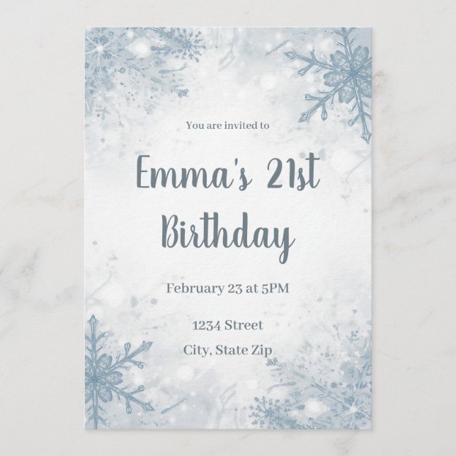 Chic Winter 21st Birthday Invitation – Snowflakes (Devant)