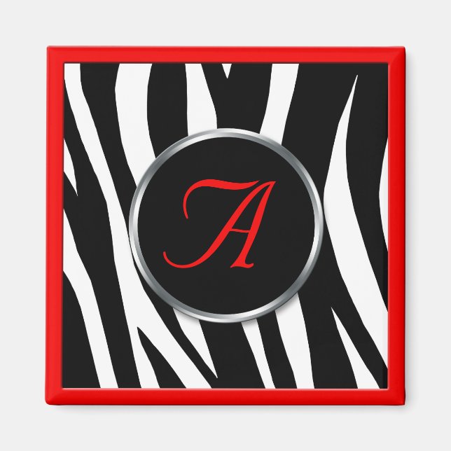 Chic Zebra Imprimer Rouge Monogramme Magnet (Devant)