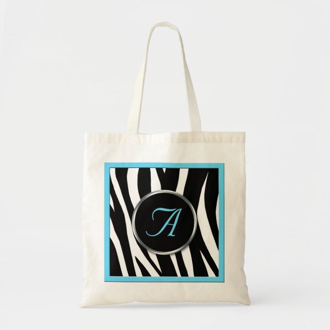 Chic Zebra Print Aqua Blue Monogram Sac fourre-tou (Devant)