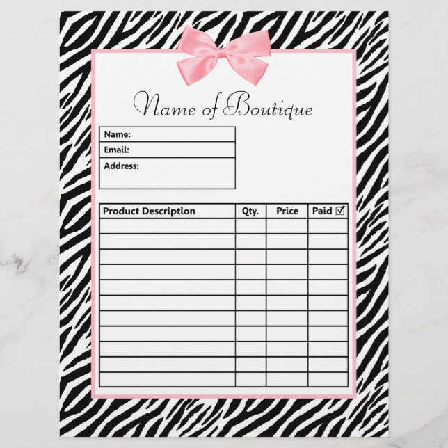 Chic Zebra Print Light True Pink Ruban Order Form (Devant)