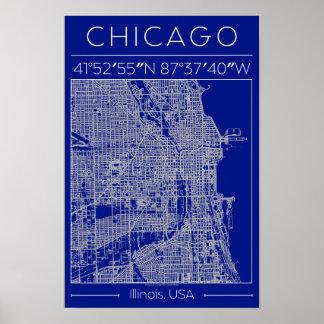 Chicago Blueprint City Map Poster Blue Minimalist
