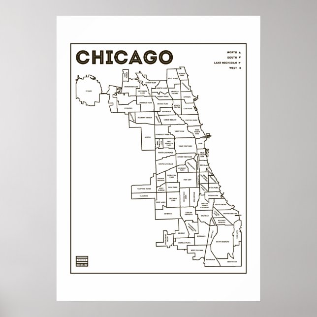 Chicago 'Hoods Map Bold Star Poster (Devant)