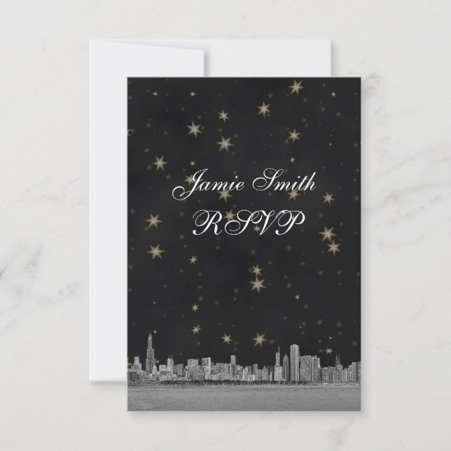 Chicago Skyline Black Gold Star RSVP avec menu (Devant)